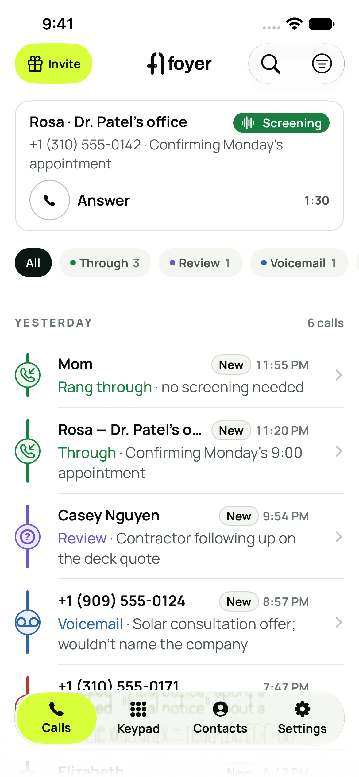 Recent calls and their outcomes in the current Foyer app