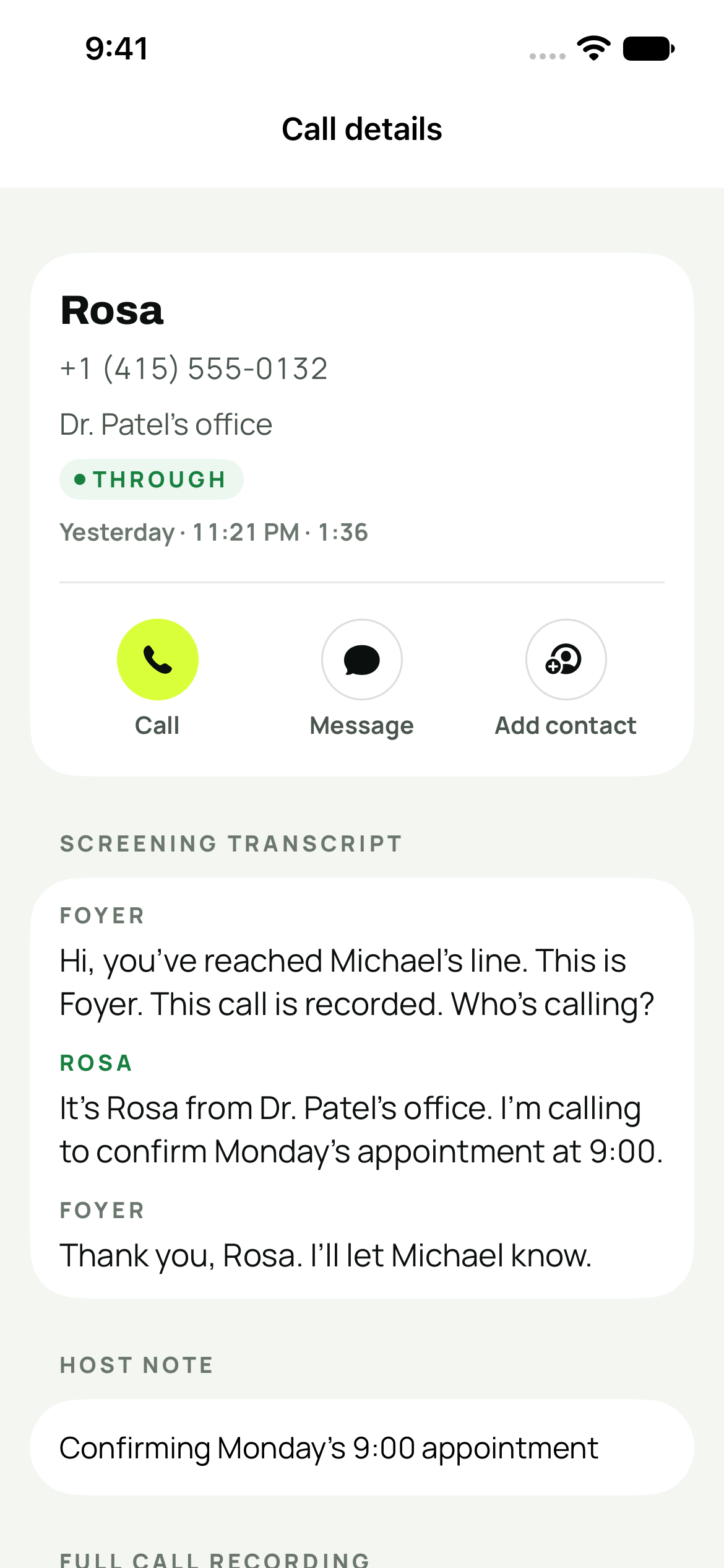 Screening conversation with Rosa from Dr. Patel’s office