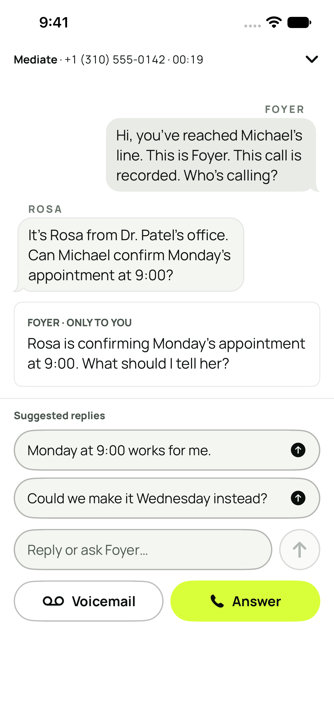 Current Foyer app: Rosa from Dr. Patel’s office asks to confirm Monday at 9:00; the owner can send a suggested reply or type an instruction.